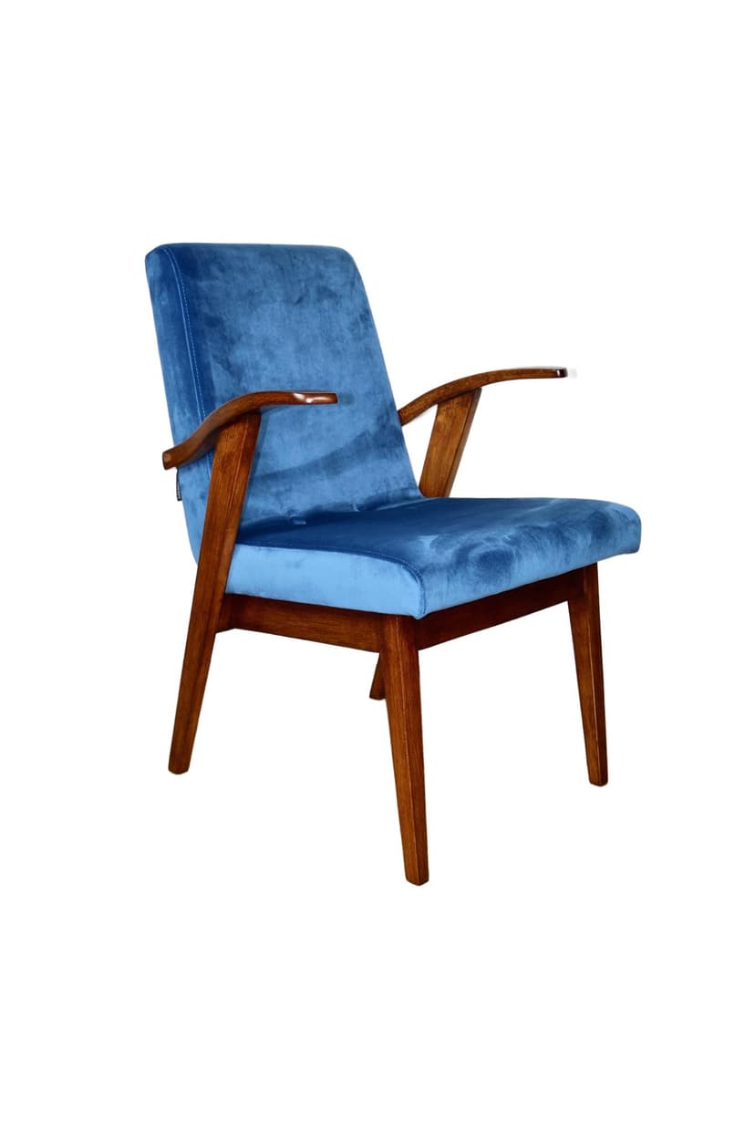 Armchair 300-123, blue velvet, walnut wood, by M. Puchała, Poland, 1970s.