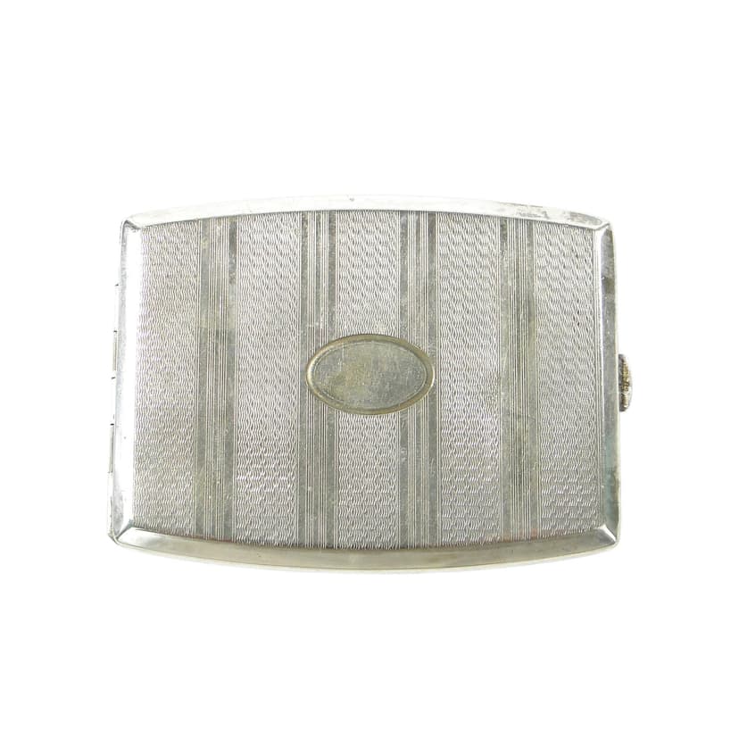 Papierośnica kieszonkowa Art Deco, srebro, złoto, metal, lata 30.