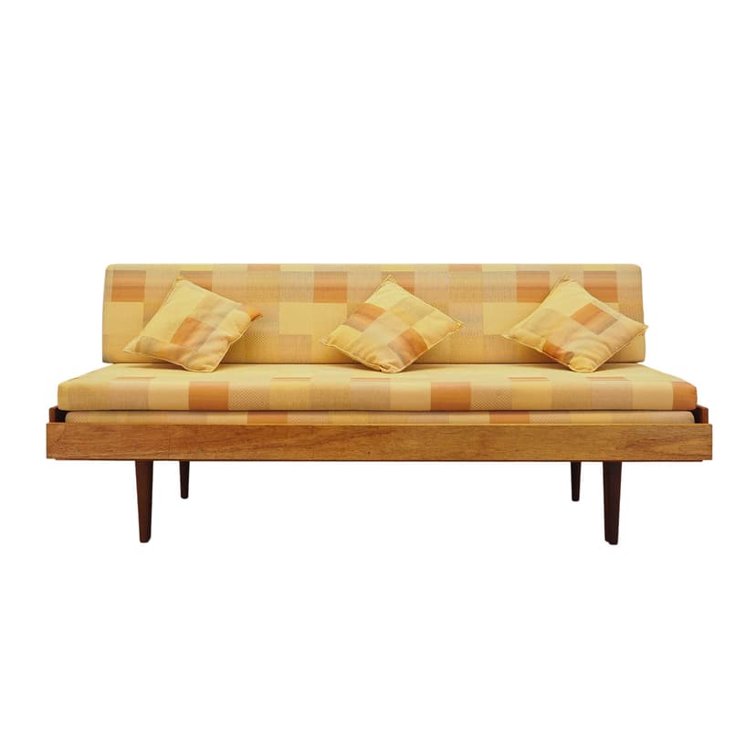 Sofa bed, yellow wool, wood, Denmark, 1970s.