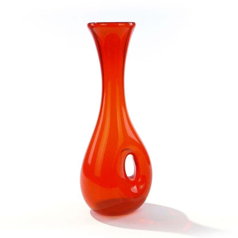 Vase, orange-red, soda-lime glass, by T. Szymański, Poland, 1960s.
