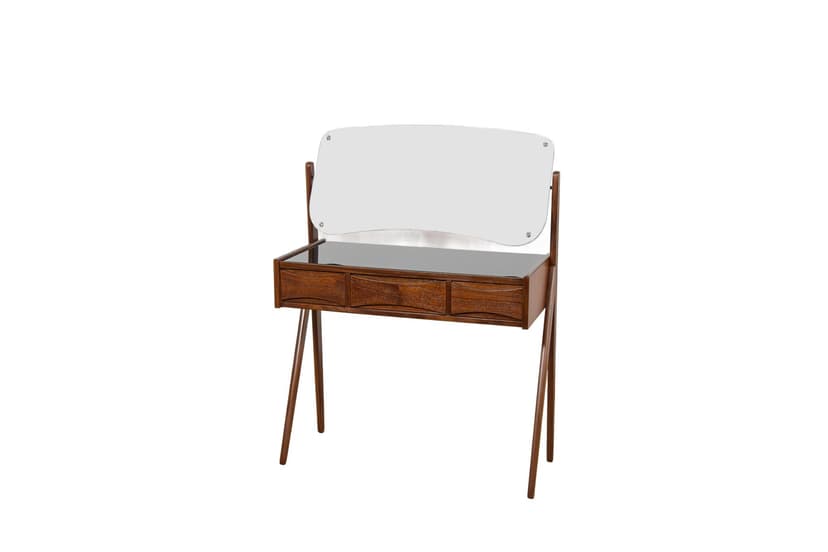 Dressing table, brown teak, black glass, by A. Vodder, Denmark, 1960s.