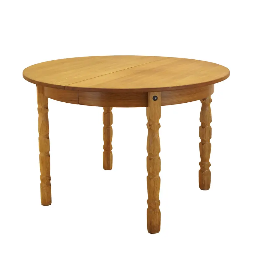 Round dining table, brown oak, by H. Kjærnulf, Denmark, 1960s.