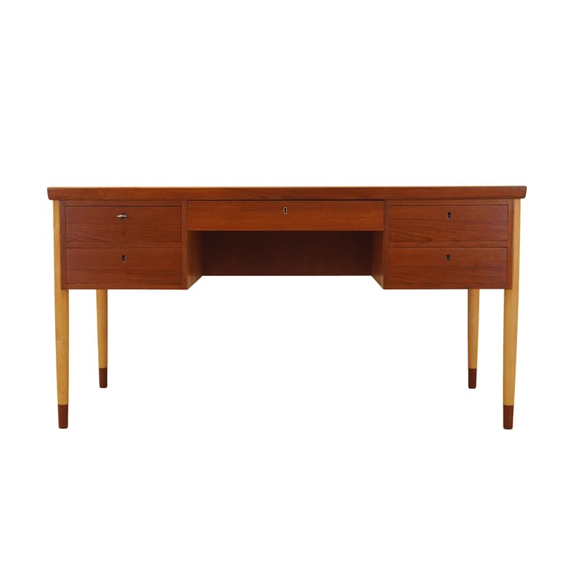 Desk, brown teak, beige beech, Denmark, 1970s.