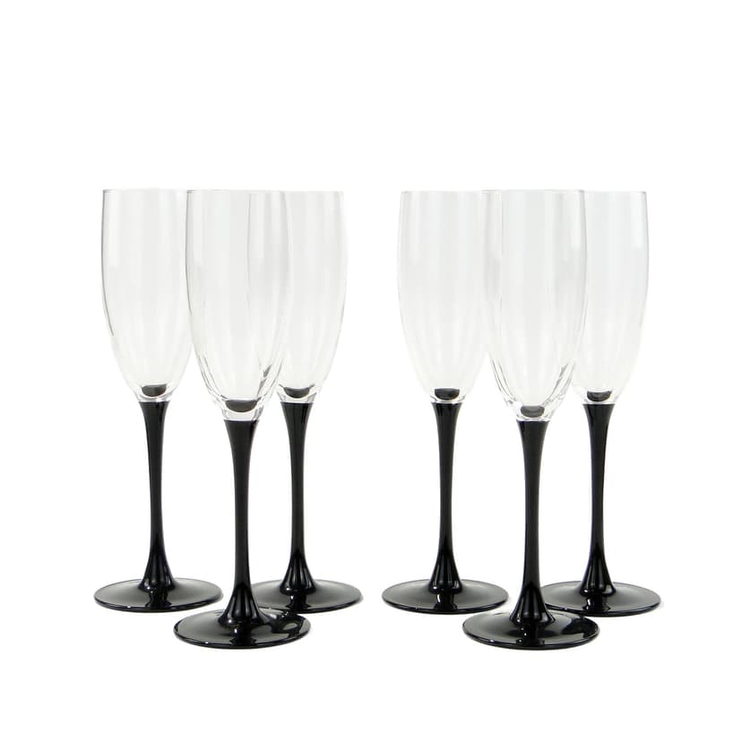 Set of champagne glasses, clear glass, black glass, Hortensja Glassworks, Poland, 1970s
