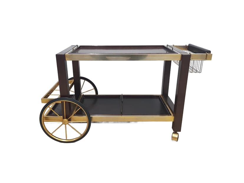 Vintage bar cart, France 1970s, oak brown, metal gold,
