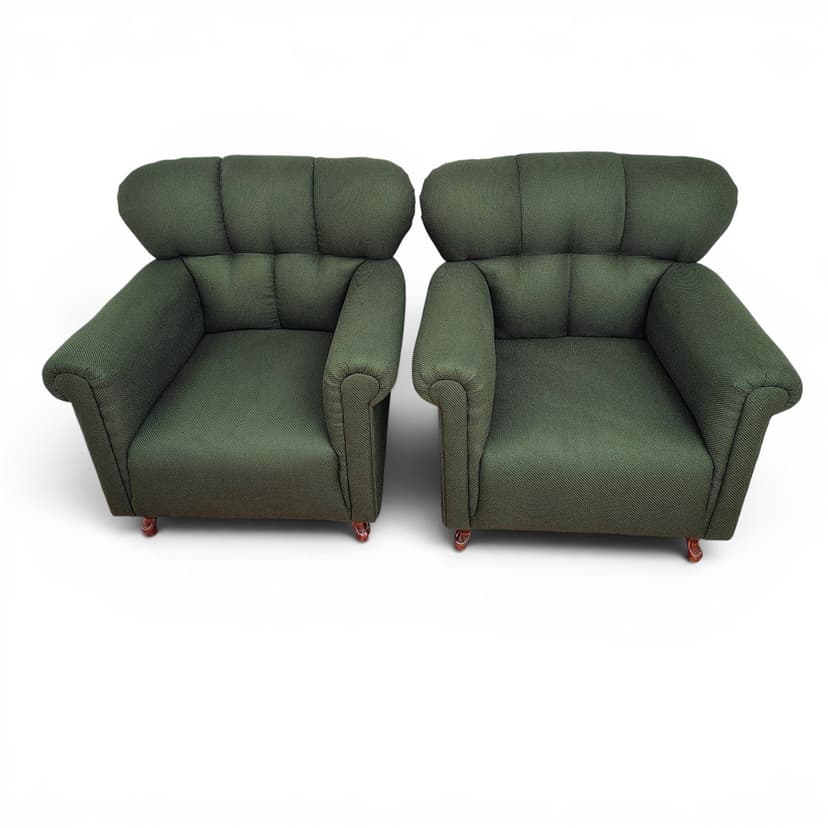 Pair of armchairs, bottle green fabric, brown wood, Czechoslovakia, 1960s.