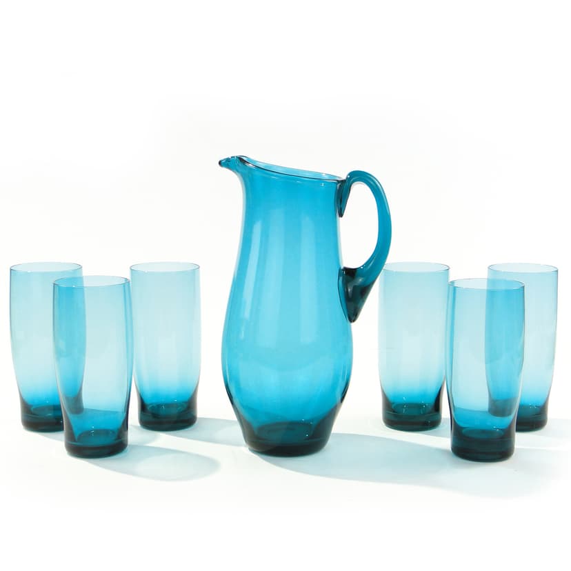 Drinkware set, azure, glass, by S. Sarnacki, Krośnieńskie Huty Szkła, Poland, 1970s.