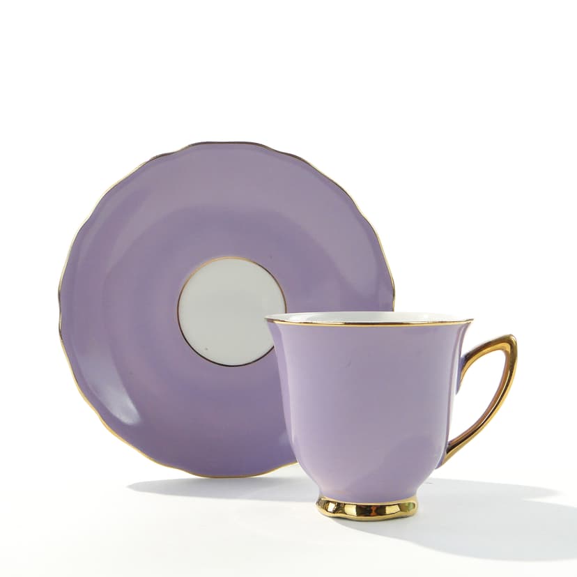 Coffee cup, white purple porcelain, gold, Rudolf Kämpf, Czechoslovakia, 1950s.