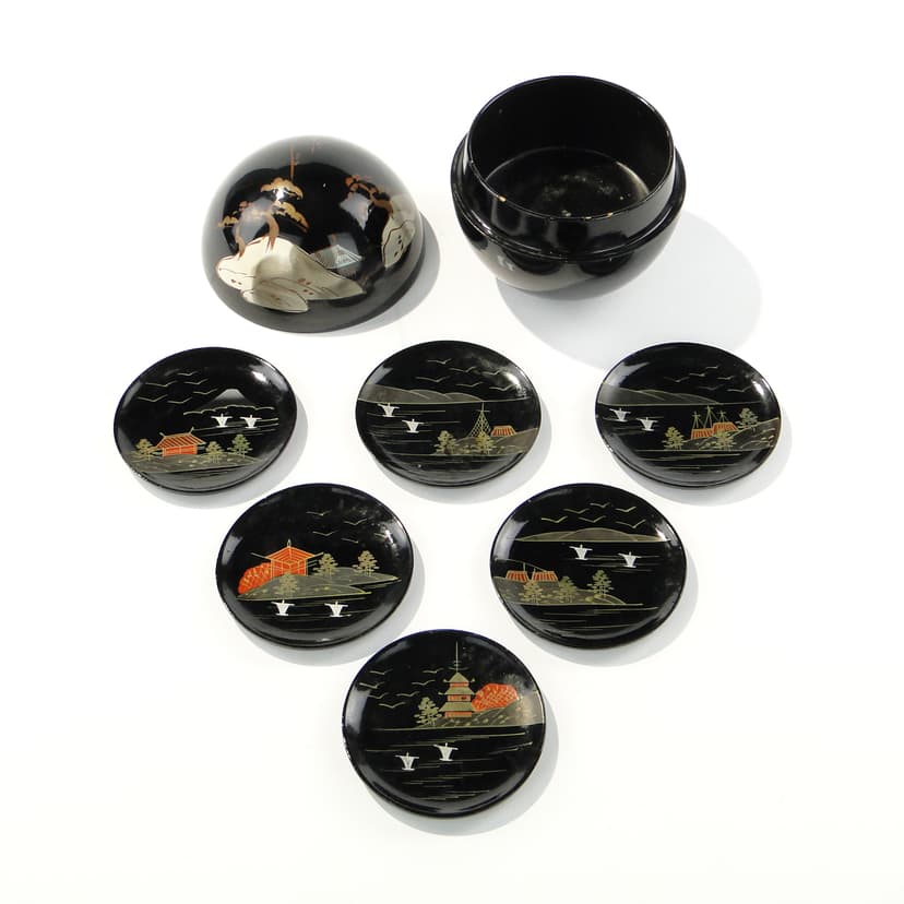 Sweet serving set Kashiki-setto, burgundy lacquer, wood, Japan, 1950s.