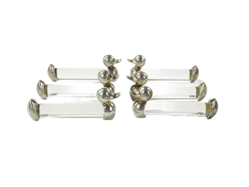 Set of table card holders, figural, transparent crystal, silver metal, France, 1950s