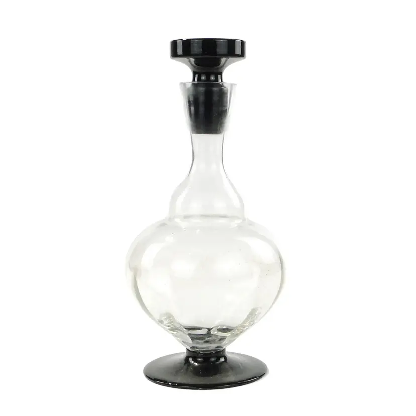 Decanter Art Deco, clear glass, black hyalite glass, Hortensja Glassworks, Poland, 1930s