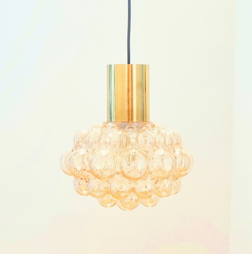 Ceiling lamp Bubble, light amber glass, brass, by H. Tynell, Limburg, Germany, 1970s.