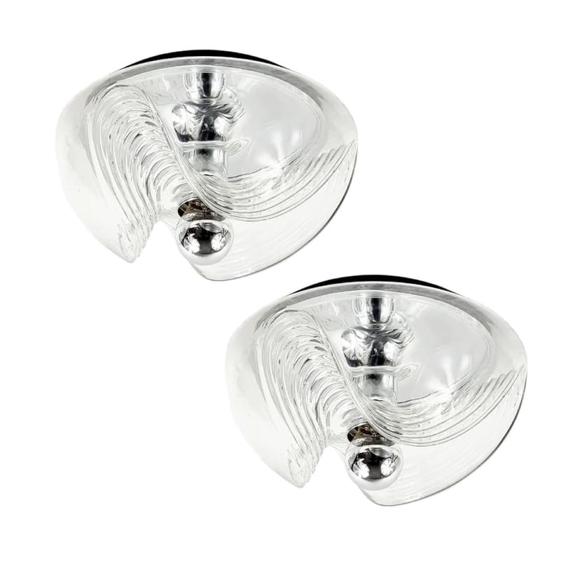 Pair of flush mounts Wave, transparent glass, silver aluminium, Peill & Putzler, Germany, 1970s.