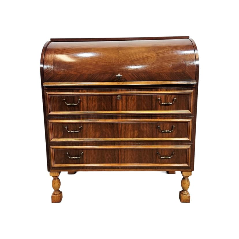 Cylinder roll-top secretary desk, mahogany walnut, 1970s