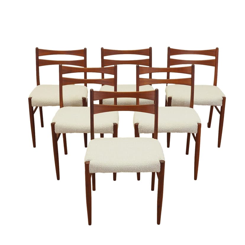Set of six chairs, brown teak, beige fabric, Denmark, 1960s.
