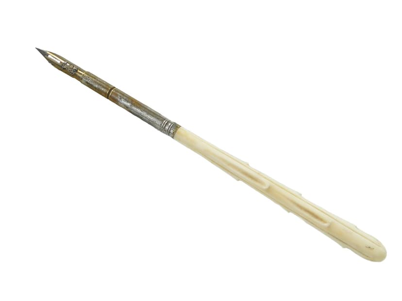 Calligraphy pen, carved beige bone, silver brass, Art Nouveau, early 20th c.
