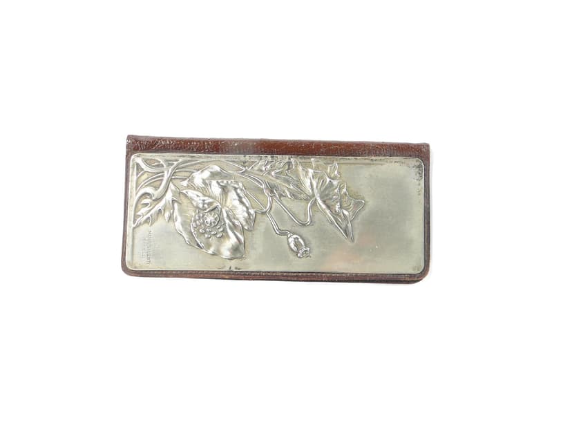 Business card case Stile Liberty, brown leather, silver, silk, Italy, early 20th c.