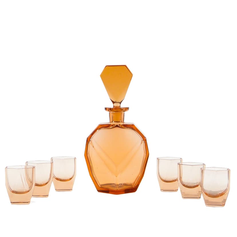 Liqueur set Art Deco, rosaline-orange crystal glass, Moser, Czechoslovakia, 1920s