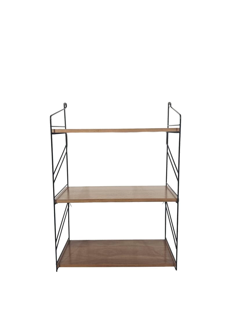 Wall shelf String, brown, wood, black metal, by N. Strinning
