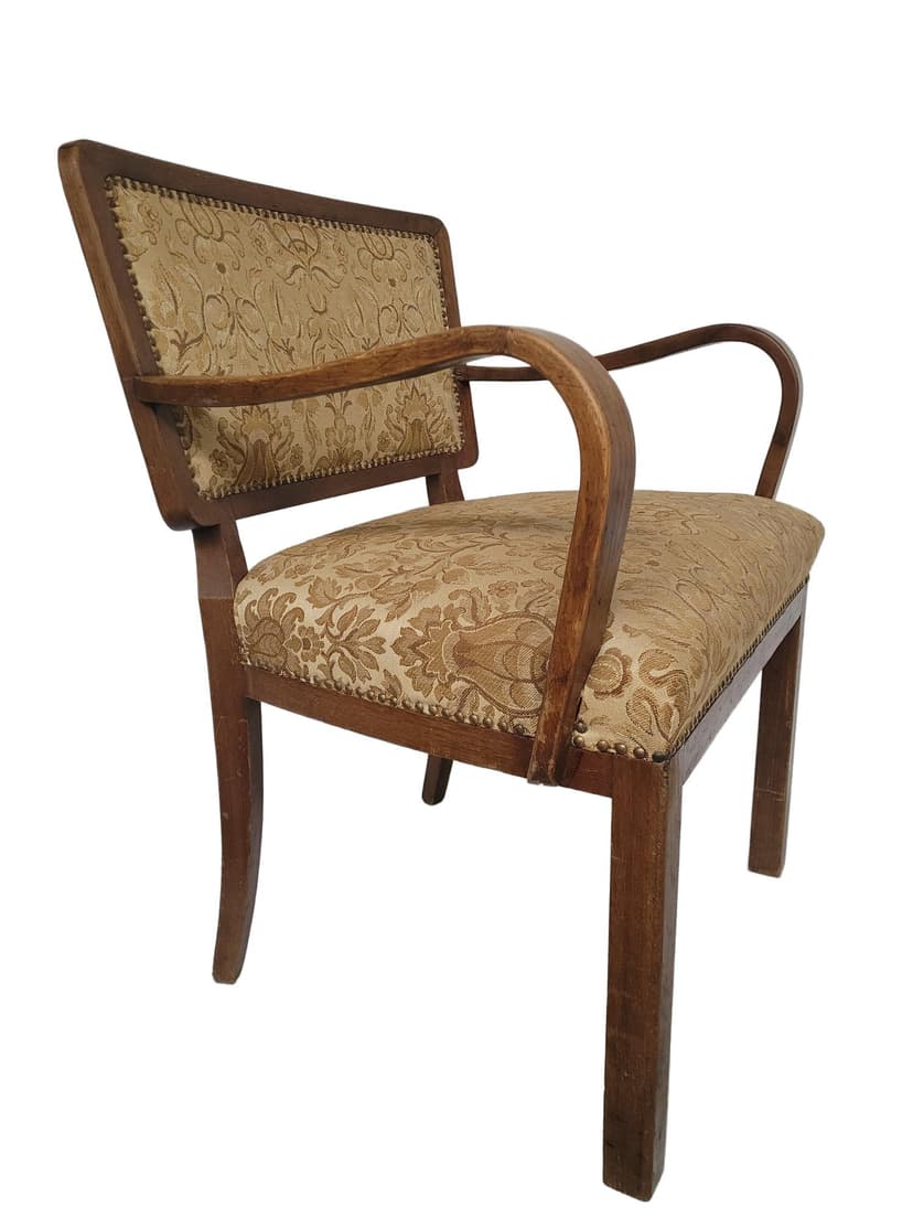 Armchair Art Deco, brown wood, gold-beige fabric, 1950s.