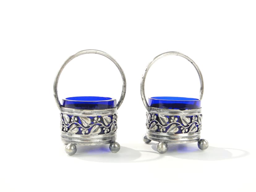 Pair of salt cellars, silver alpaca, cobalt glass, Hohmann & Katz (HOKA), Germany, 1930s.