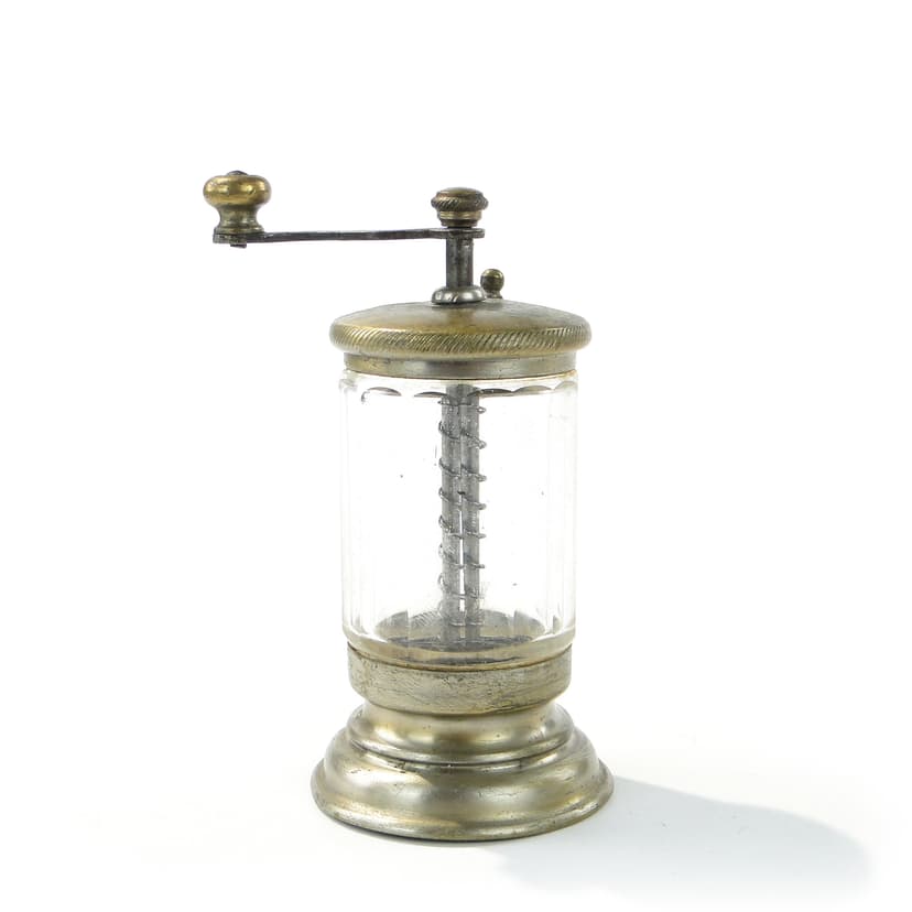 Miniature Spice Grinder, transparent crystal, gold brass, turn of the 19th and 20th century
