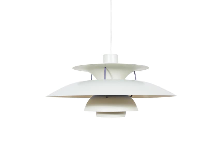 Pendant lamp PH5, white aluminum, by P. Henningsen, Louis Poulsen, Denmark, 1960s.