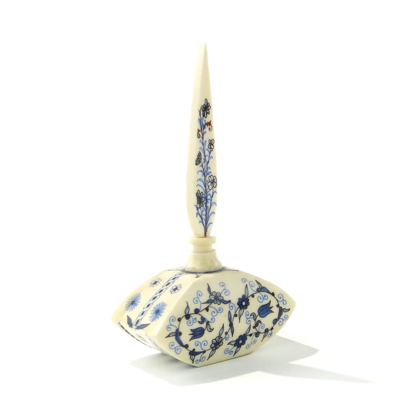 Attar Perfume Bottle, beige blue black brown, bone cork, Iran, 1920s