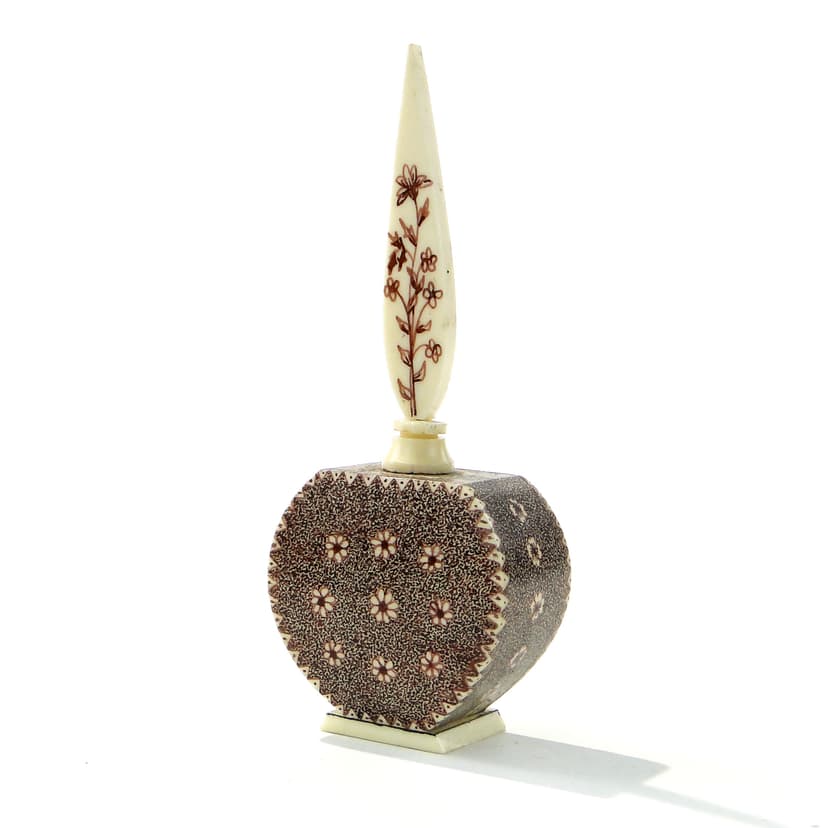 Attar Perfume Bottle, beige bone mosaic, brown henna, Persia/India, early 20th c.