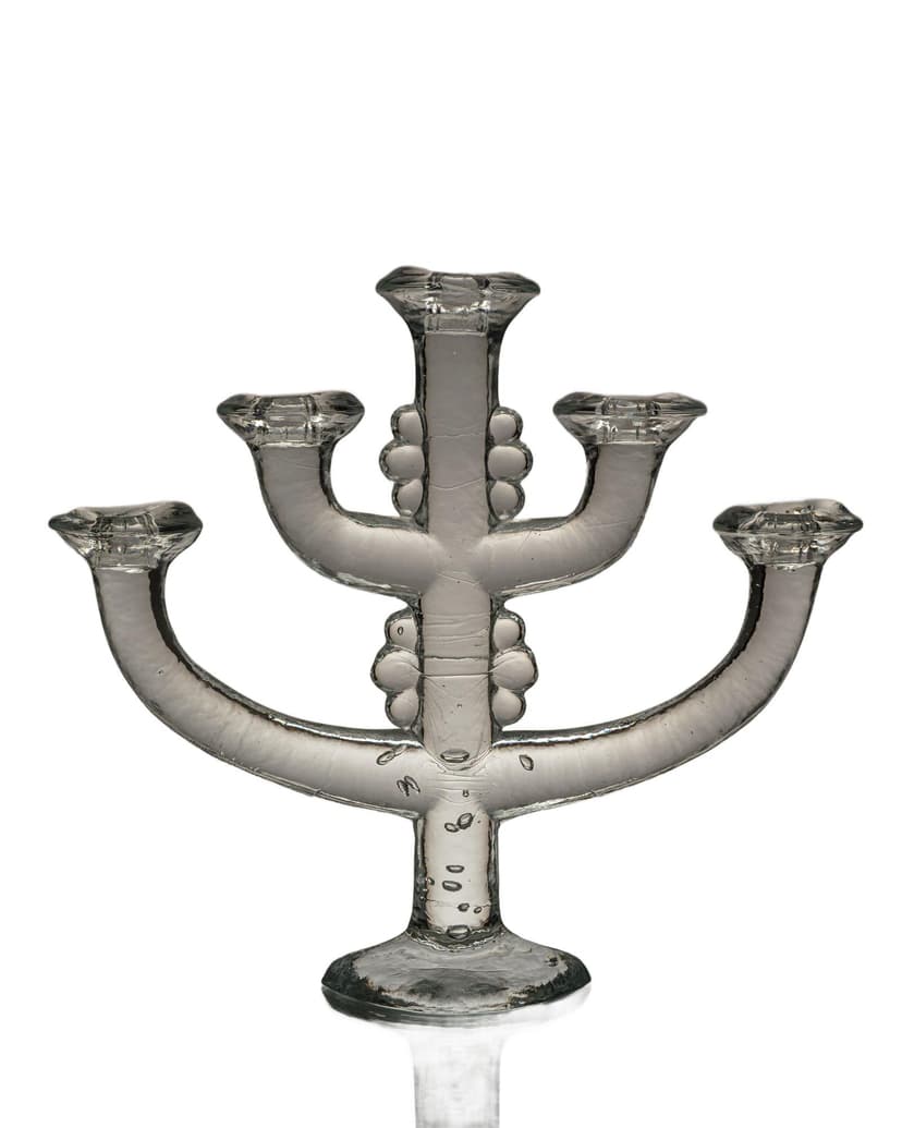 Five-armed candlestick, transparent glass, by S. Gellerstedt, Pukeberg, Sweden, 1970s