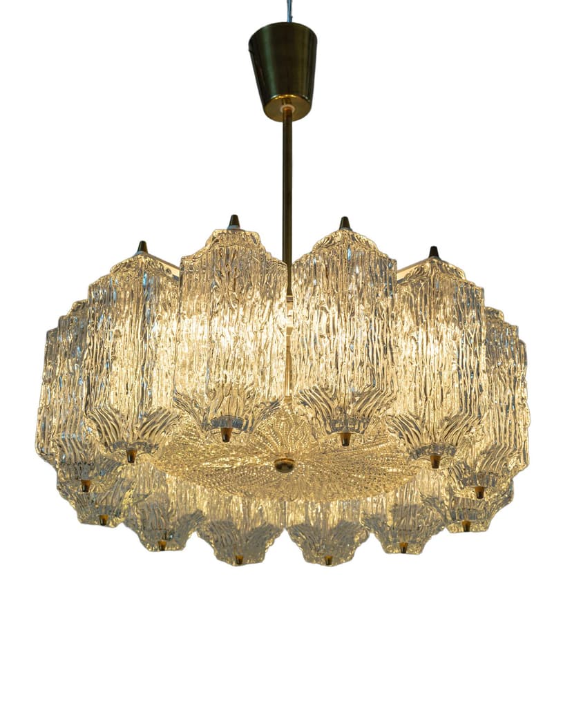 Ceiling lamp, gold brass, transparent glass, by J.T. Kalmar, Austria, 1950s