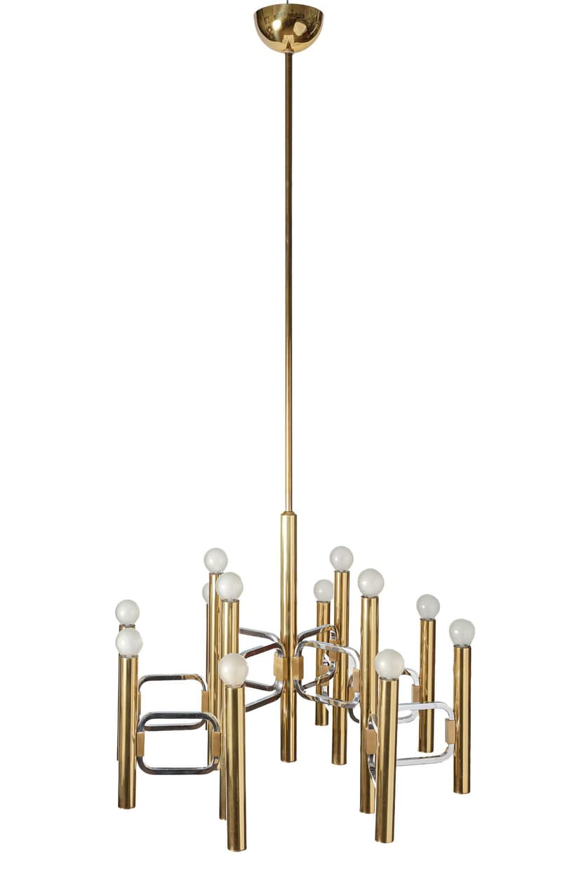 Chandelier, Mid-Century Modern, gold brass, silver chrome, by G. Sciolari, Italy, 1970s.