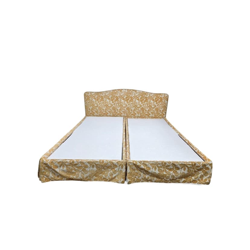 Vintage double electric bed, cream-gold jacquard, wood, metal, 1970s
