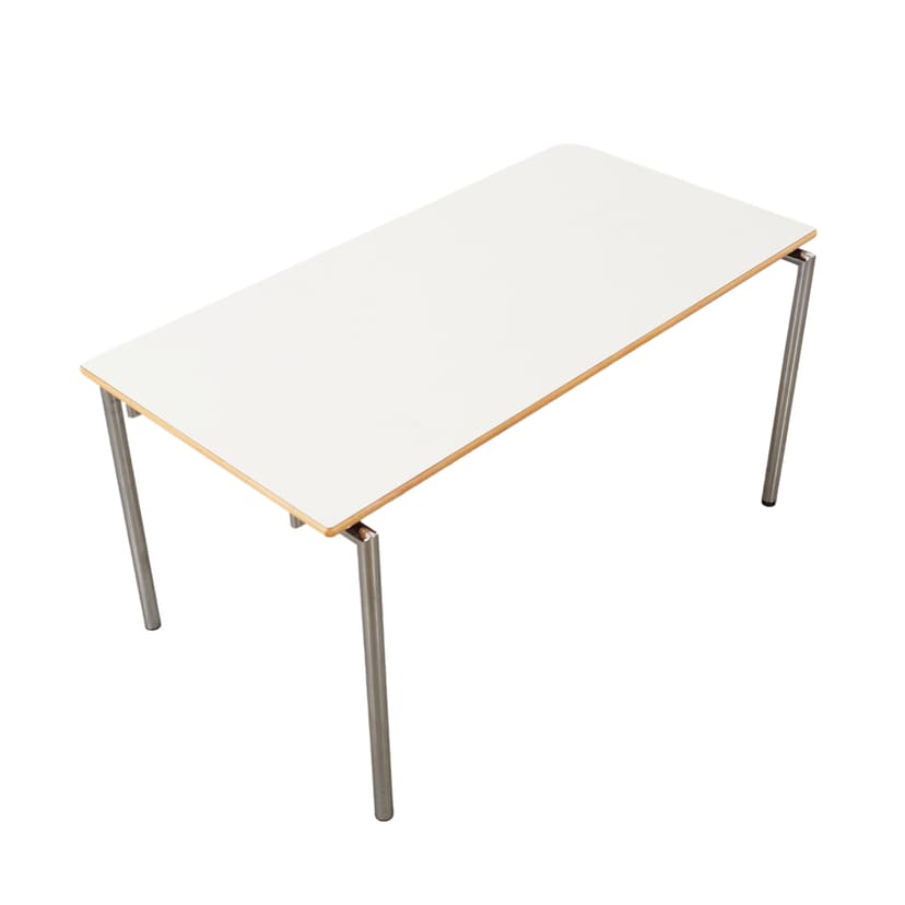 Rectangular table, white laminate, light wood, silver metal, Randers Møbelfabrik, Denmark, 2000