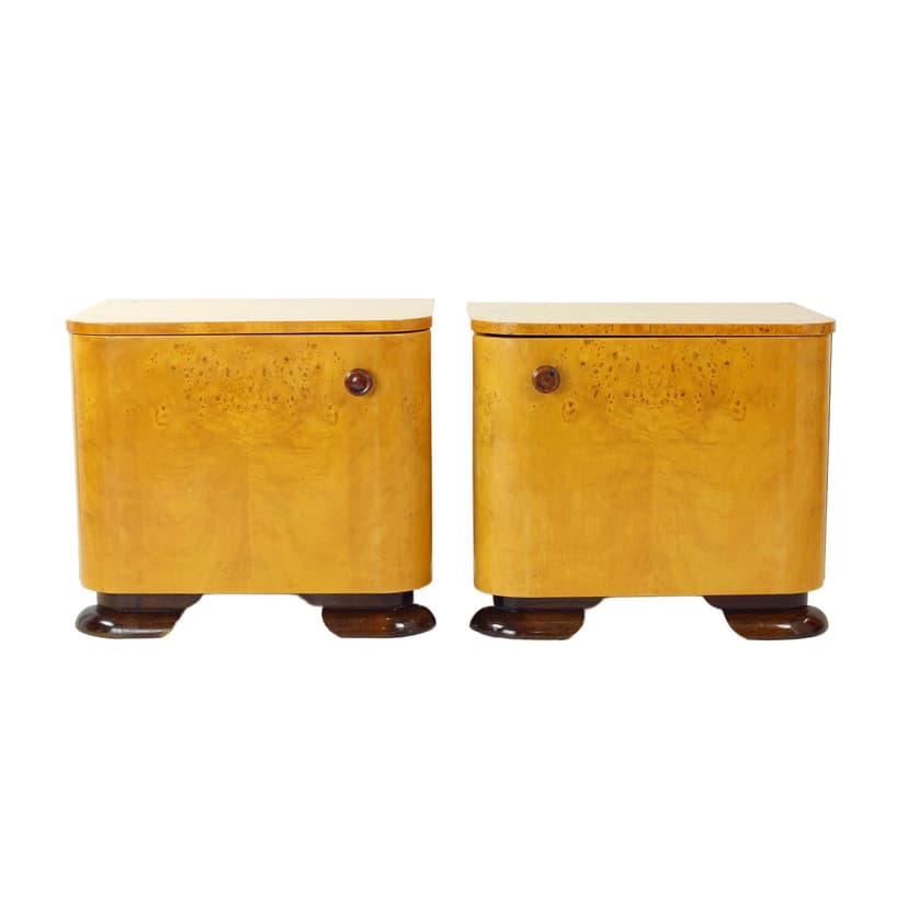 Pair of nightstands Art Deco, brown root veneer, gold wood, Czechoslovakia, 1940s.
