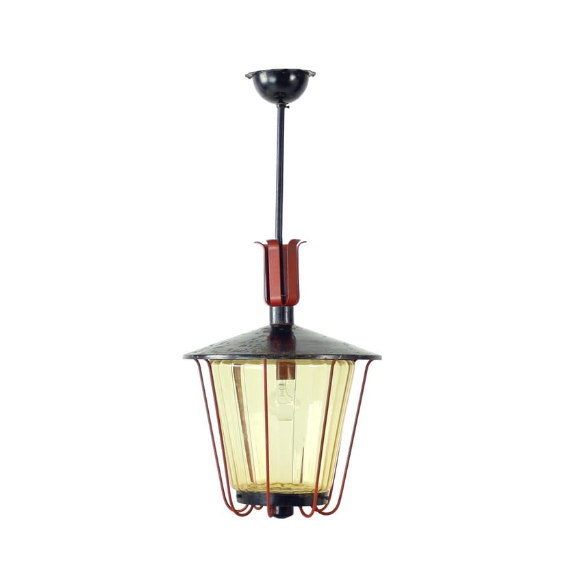 Railway pendant lamp, black steel, red glass, Czechoslovakia, 1940s.