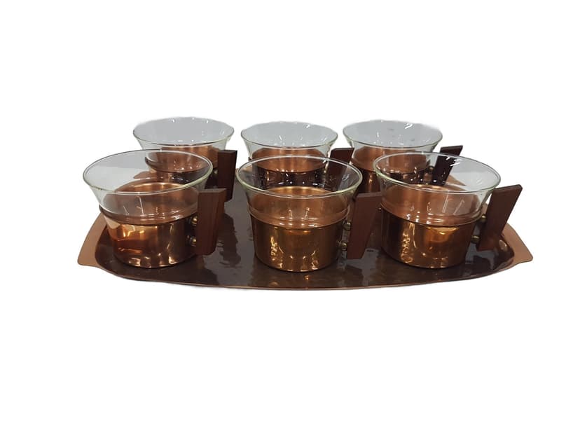 Glass set with tray, Schott Mainz Jenaer Glas, transparent glass, copper gold, teak wood brown