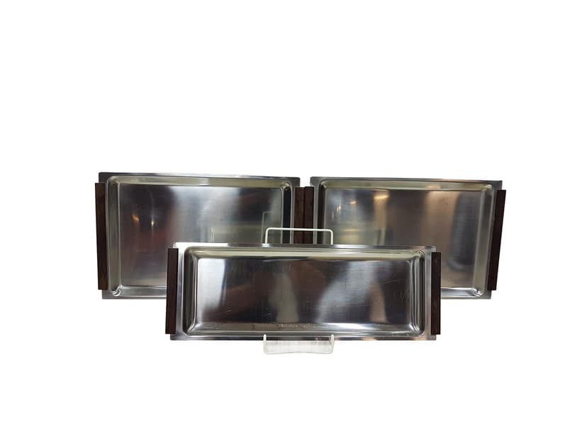 Set of three trays, stainless steel silver, teak brown