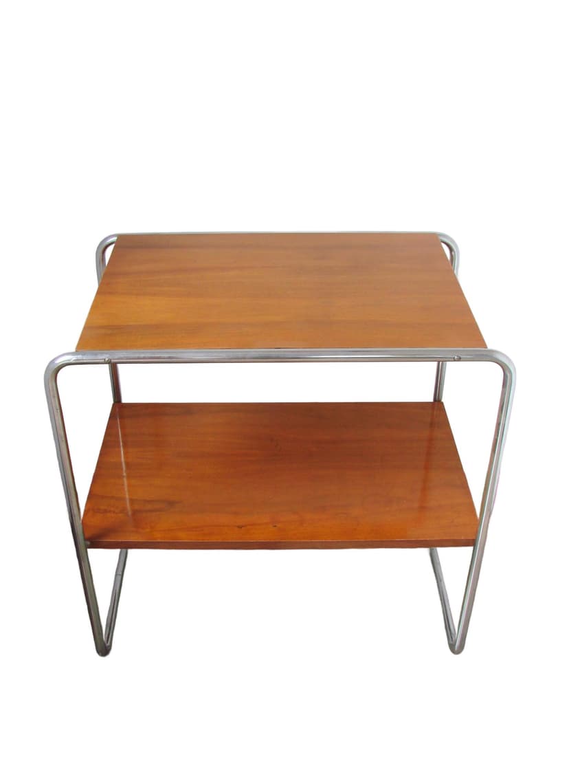 Side table B12, brown wood, silver chromed steel, by M. Breuer, Thonet, Czechoslovakia, 1930s.
