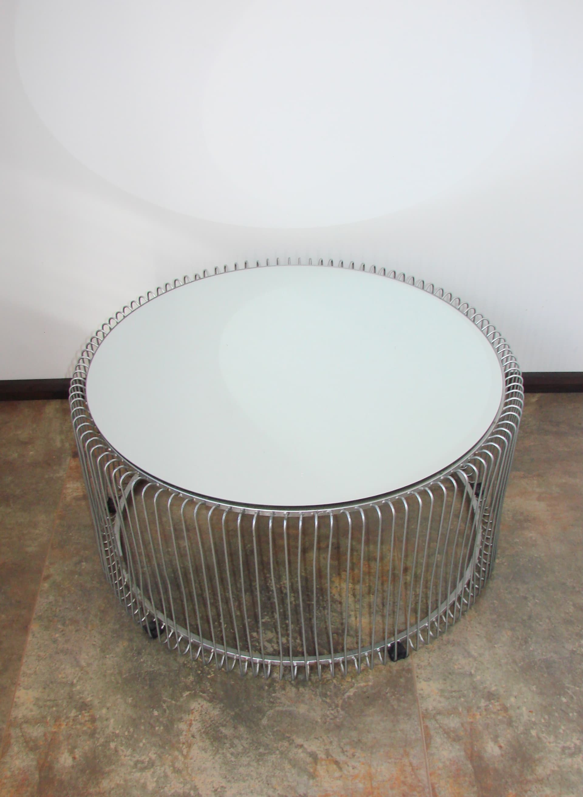 Coffee table round, silver mirror, silver metal, 1990s - 396814