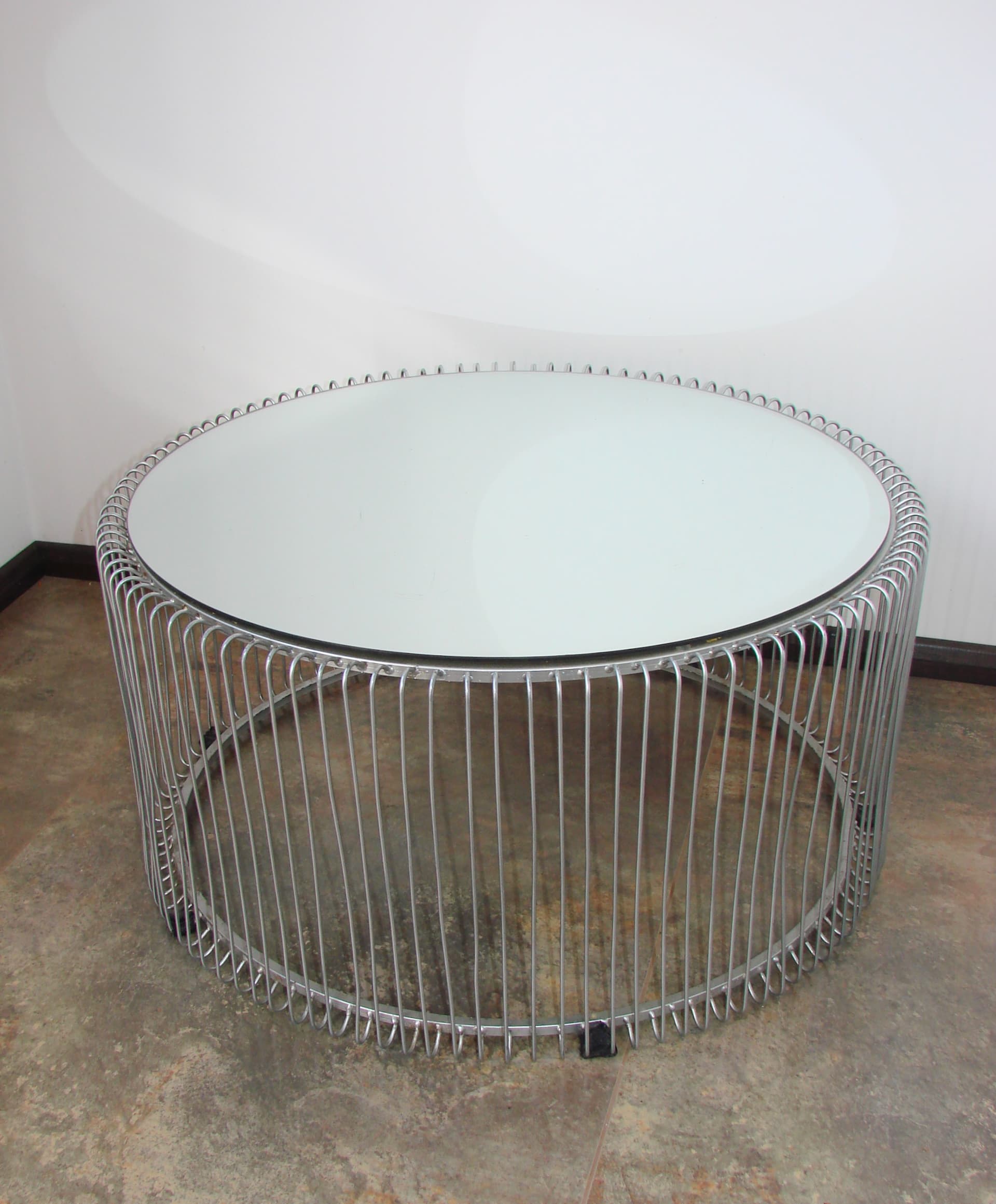 Coffee table round, silver mirror, silver metal, 1990s - 396818