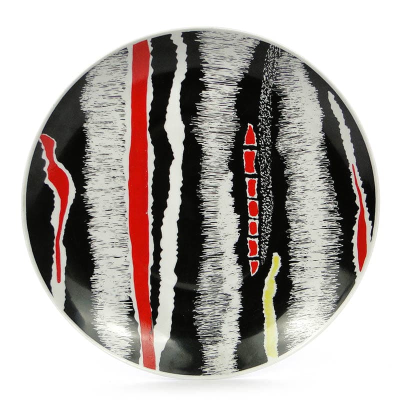 Decorative platter, black red white yellow porcelain, Zakład Porcelany Stołowej Krzysztof, Poland, 1950s