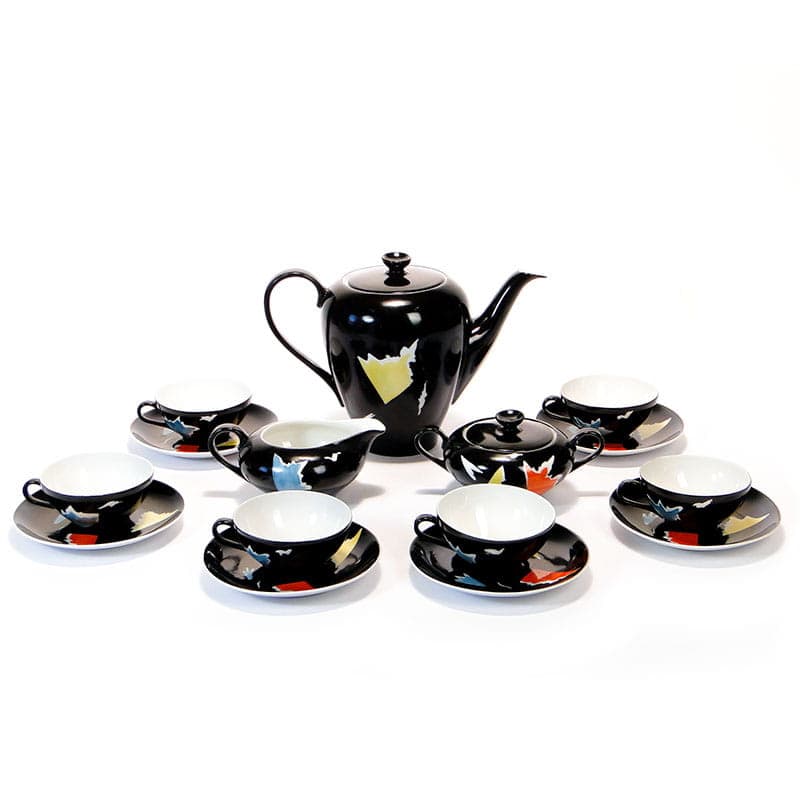 Coffee set Julita, black porcelain, by E. Ruszczyński, Wawel Porcelain Factory, Poland, 1950s.