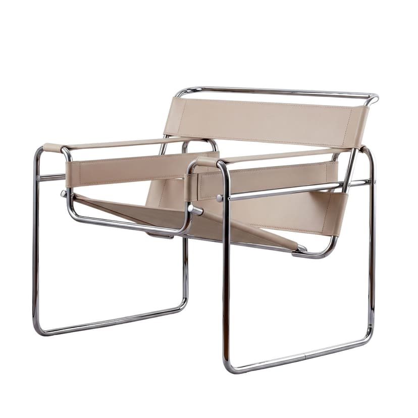 Fotel z giętej stali wg proj. Wassily, M. Breuer, cappuccino, skóra naturalna