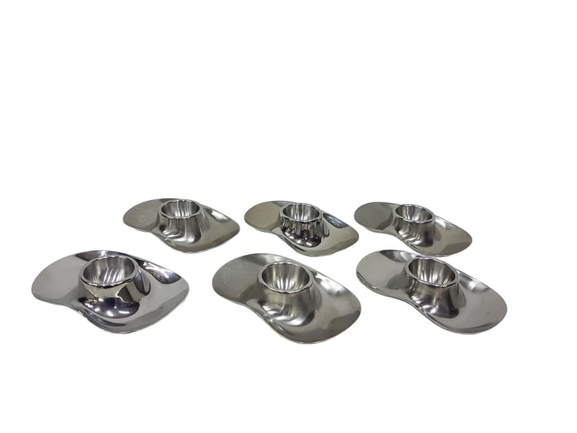 Set of six egg holders, silver stainless steel, by W. Wagenfeld, WMF, Germany, 1960s.