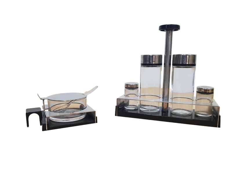 Condiment and Sweet Set Abert, silver stainless steel, transparent glass, Italy, 1970s.