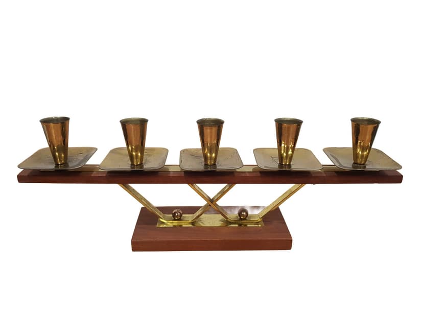 Candlestick, brown teak, gold brass, Germany, 1960s.
