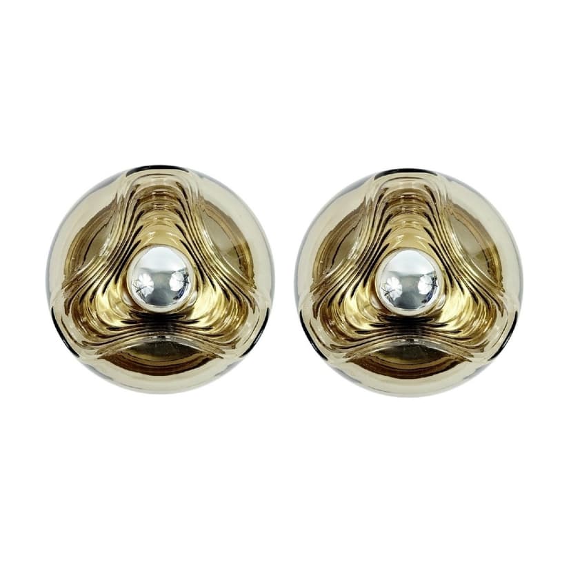 Pair of wall sconces, amber glass, silver metal, Peill & Putzler, Germany, 1970s.
