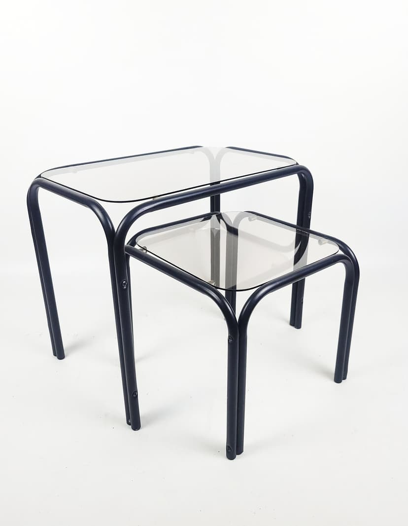 Set of two coffee tables, grey glass, black metal, 1980s.