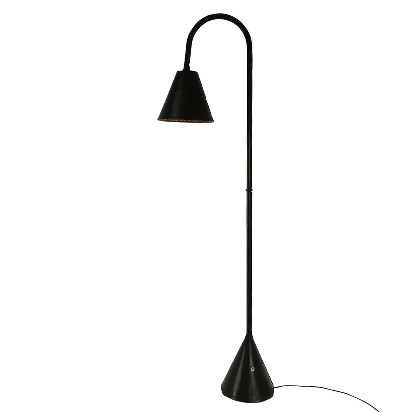 Lampa podłogowa, skóra naturalna czarna, proj. J. Adnet, Hiszpania, lata 50.